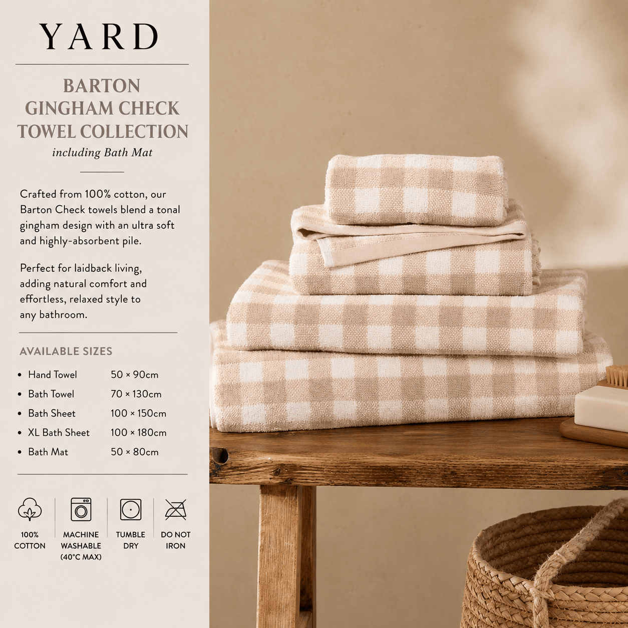 Yard (Riva Home) Home Accessories Natural / Hand Towel  • 50 × 90cm BARTON GINGHAM CHECK 100% COTTON TOWEL COLLECTION by Yard