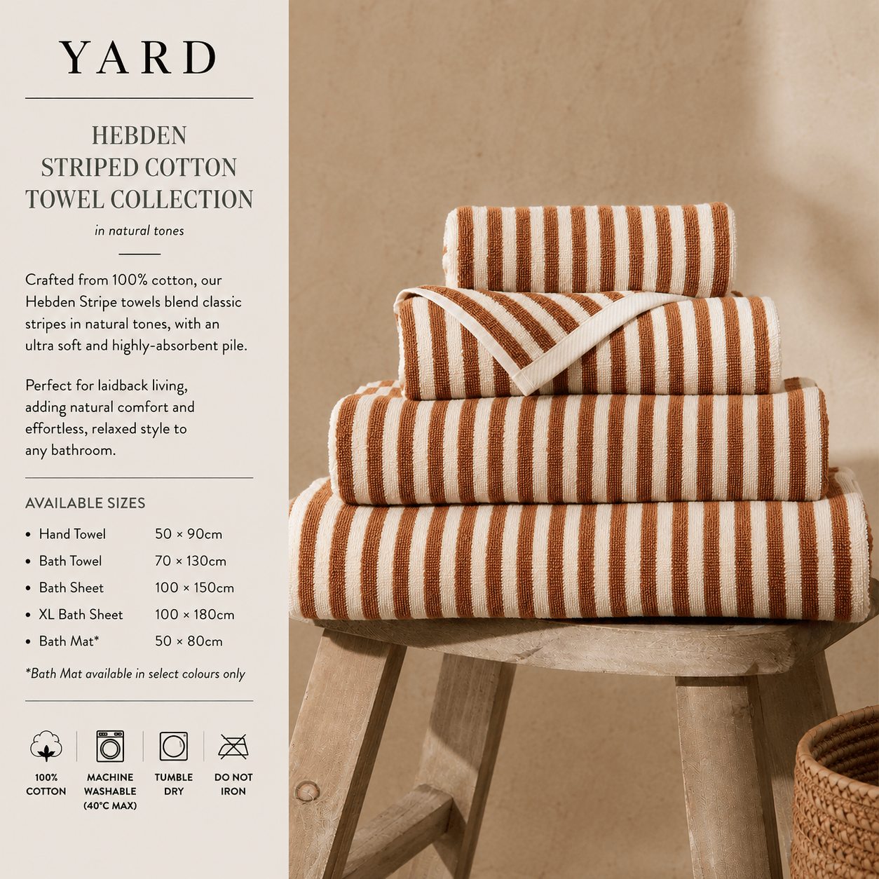 Yard (Riva Home) Home Accessories Pecan / Hand Towel  • 50 × 90cm HEBDEN STRIPED COTTON TOWELS COLLECTION by Yard