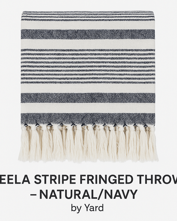 NEELA STRIPE FRINGED THROWS – NATURAL/NAVY by Yard