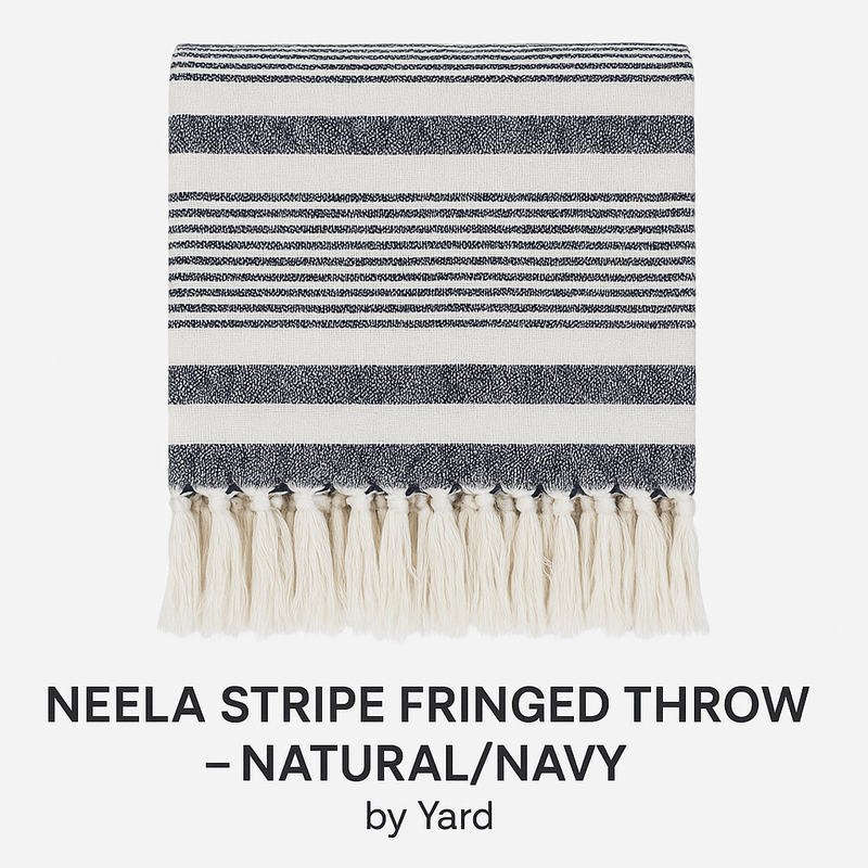 NEELA STRIPE FRINGED THROWS – NATURAL/NAVY by Yard