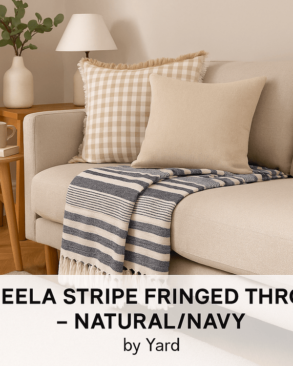 NEELA STRIPE FRINGED THROWS – NATURAL/NAVY by Yard