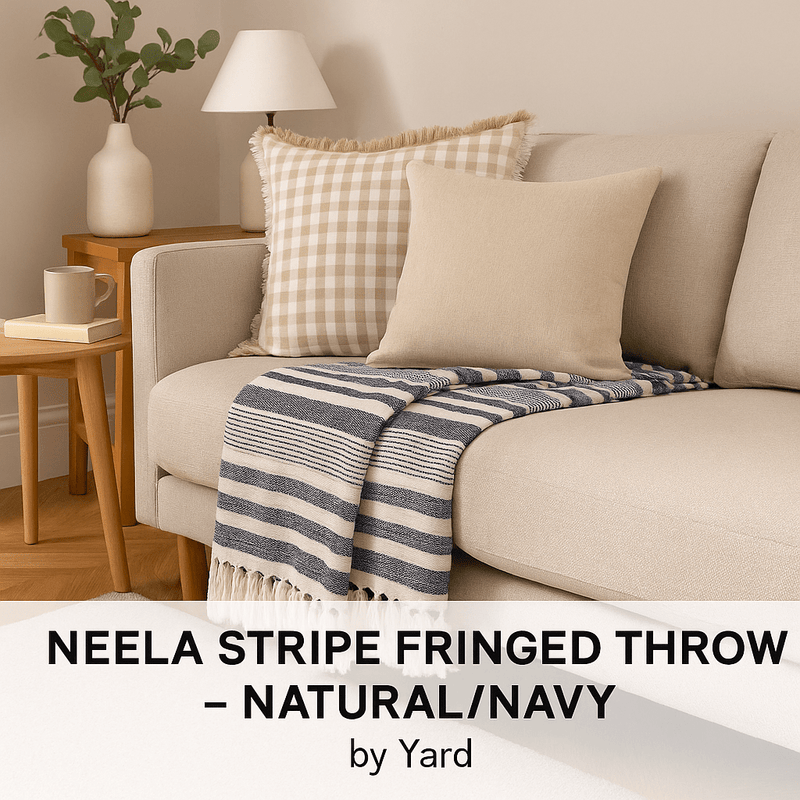 NEELA STRIPE FRINGED THROWS – NATURAL/NAVY by Yard