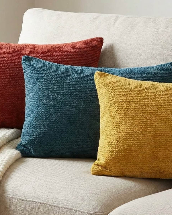 🧵 Osaka Chenille Cushion – Burnt Red / Petrol / Saffron by Yard