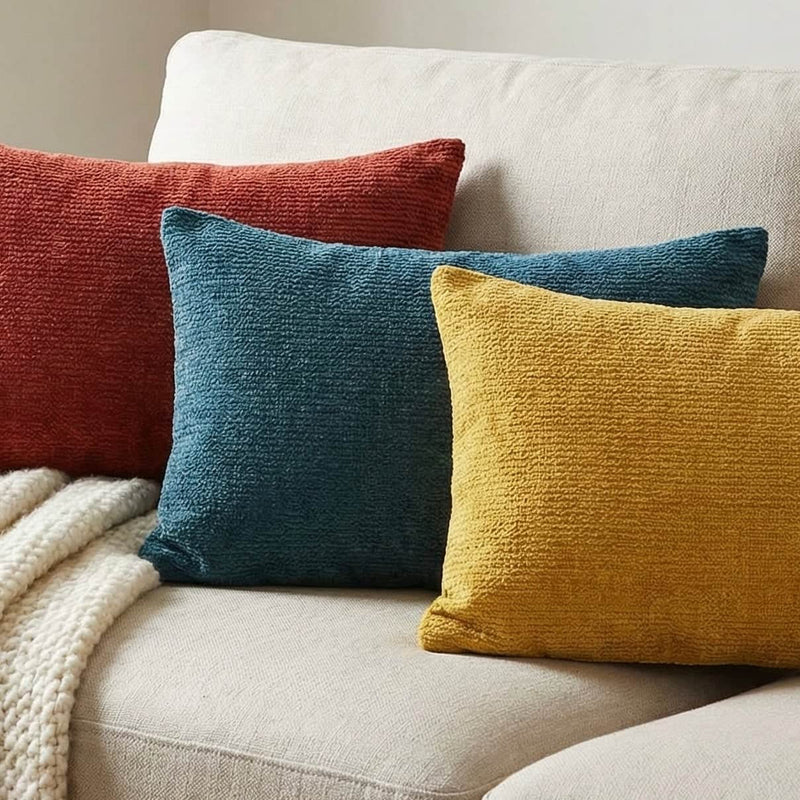 🧵 Osaka Chenille Cushion – Burnt Red / Petrol / Saffron by Yard